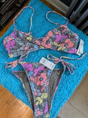 aerie Floral Tie-Side Bikini Set - Olive Green With Florals